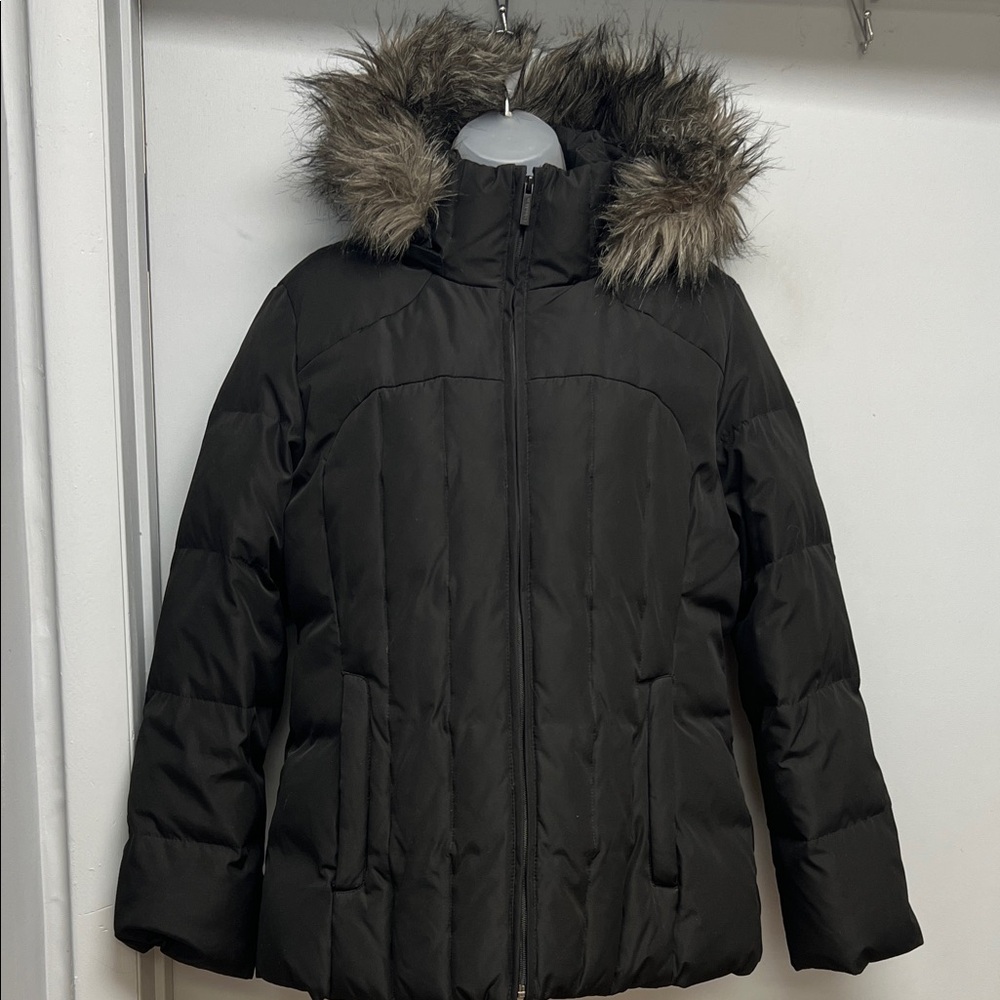 Calvin Klein Black Down Puffer Coat with Faux Fur Hood | Size L
